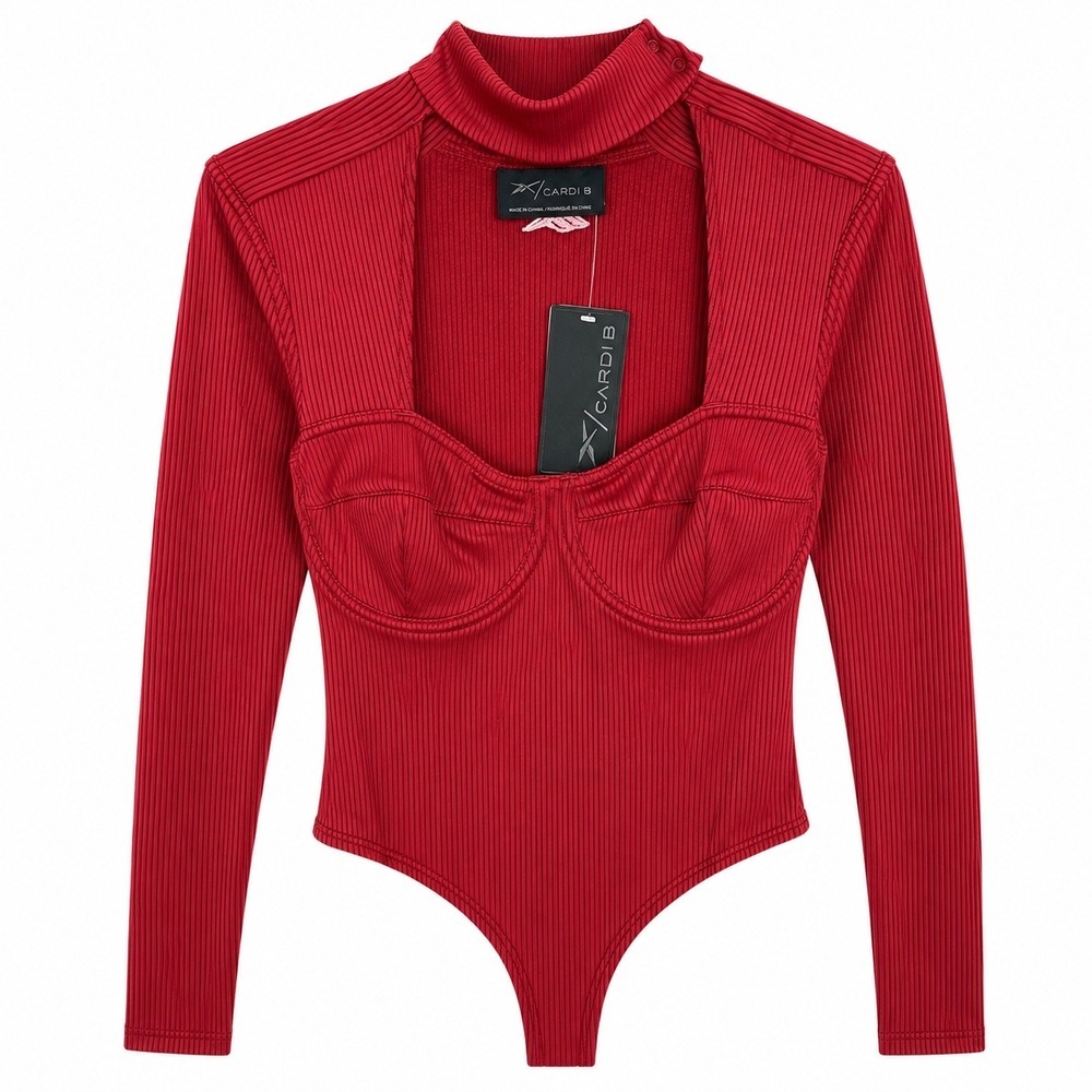 Reebok x Cardi B Red Ribbed Cutout Bodysuit Womens Long Sleeve Turtleneck NWT